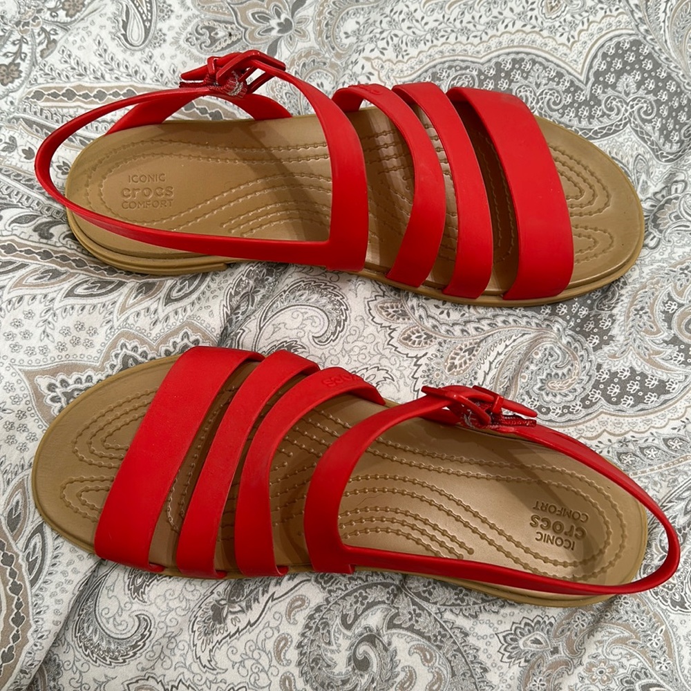 Crocs iconic comfort Red Strap sandals.